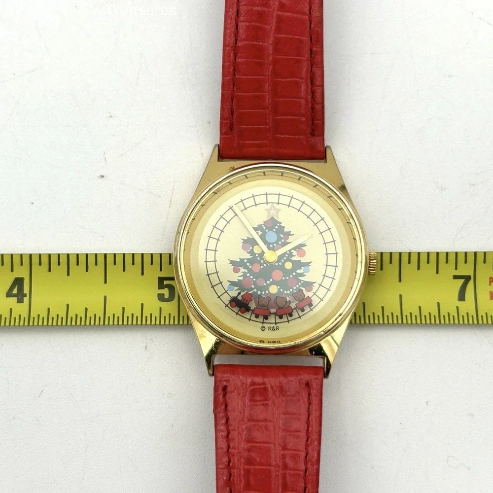Vintage R&R Christmas Watch Moving Bear Train Gold Tone Red Leather Strap